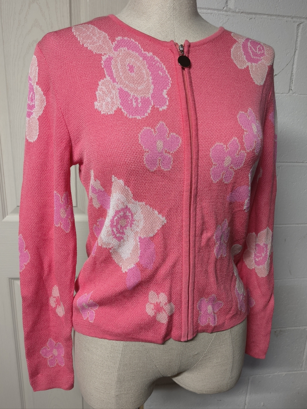 Women's Pink Floral Zip-Front Cardigan Sweater